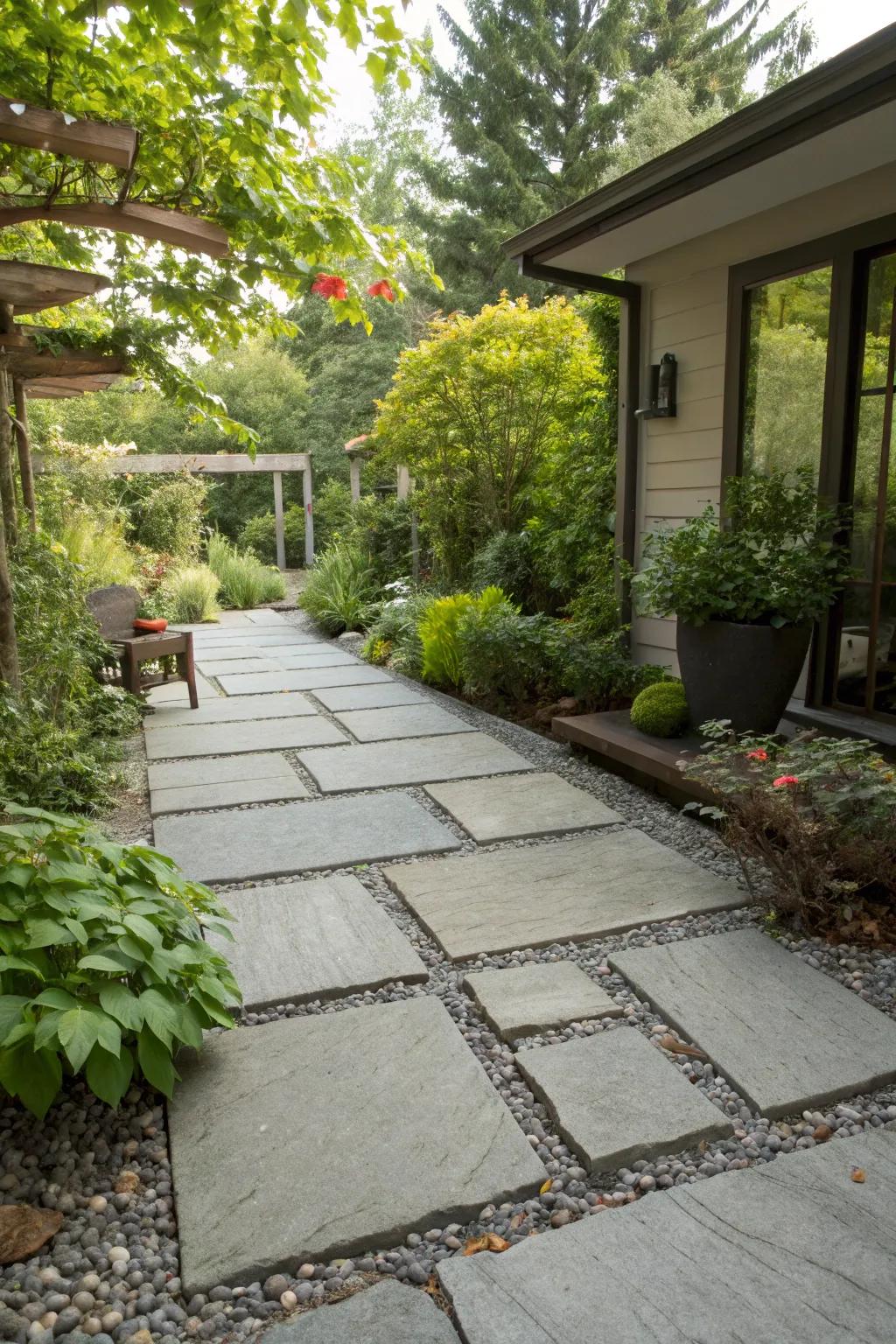 Stone tiles and crushed rock produce an impeccable fusion of nature and practicality.