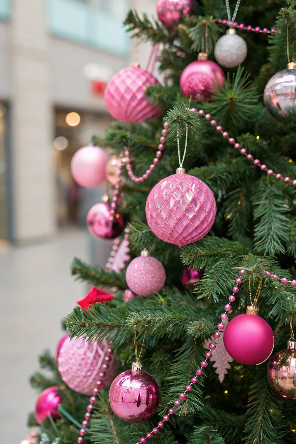 Pink ornaments add a touch of elegance.