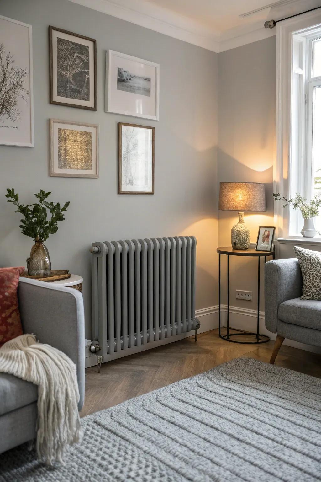 Soft gray radiators offer understated elegance.