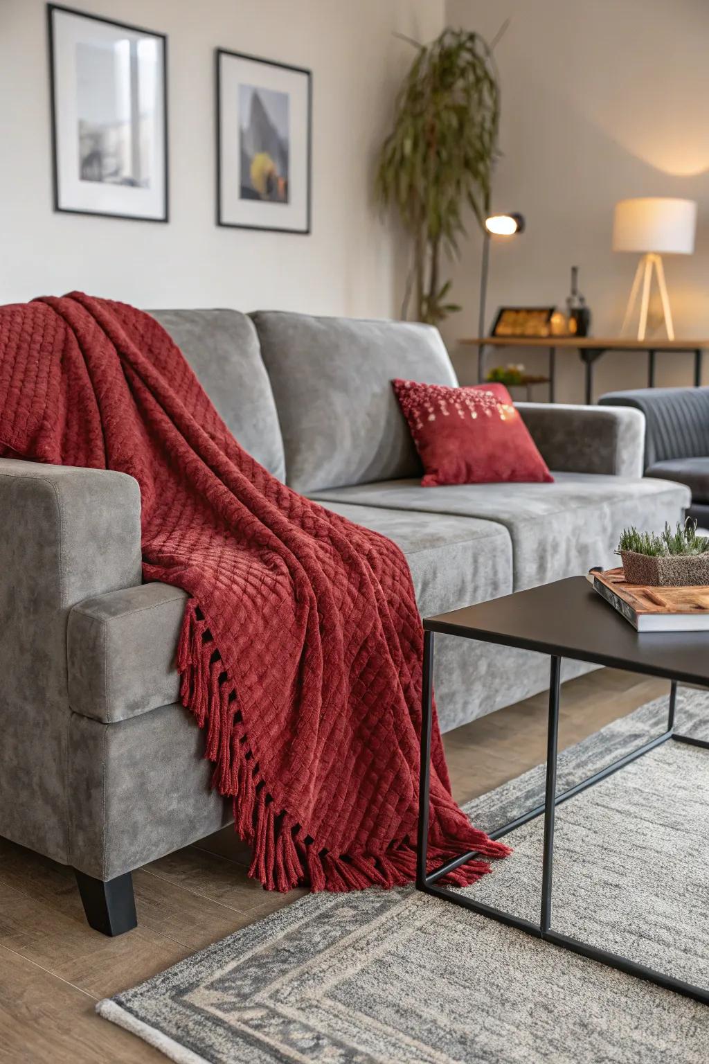 Textures bring a luxurious feel to this red and grey-themed living room.