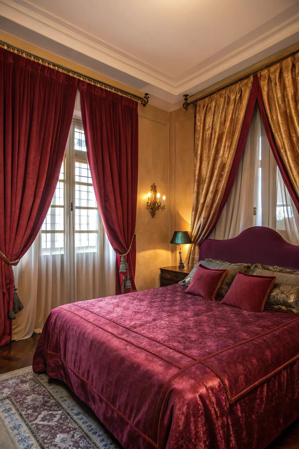 Lush velvet and satin materials enhance the opulent sensation of this bedroom.