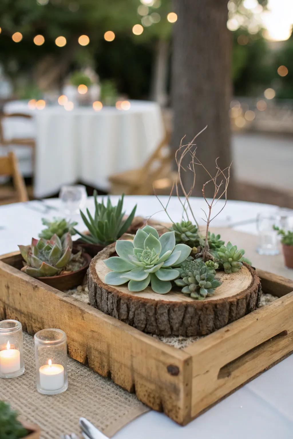 A rustic centerpiece that combines natural textures with calming sage green.