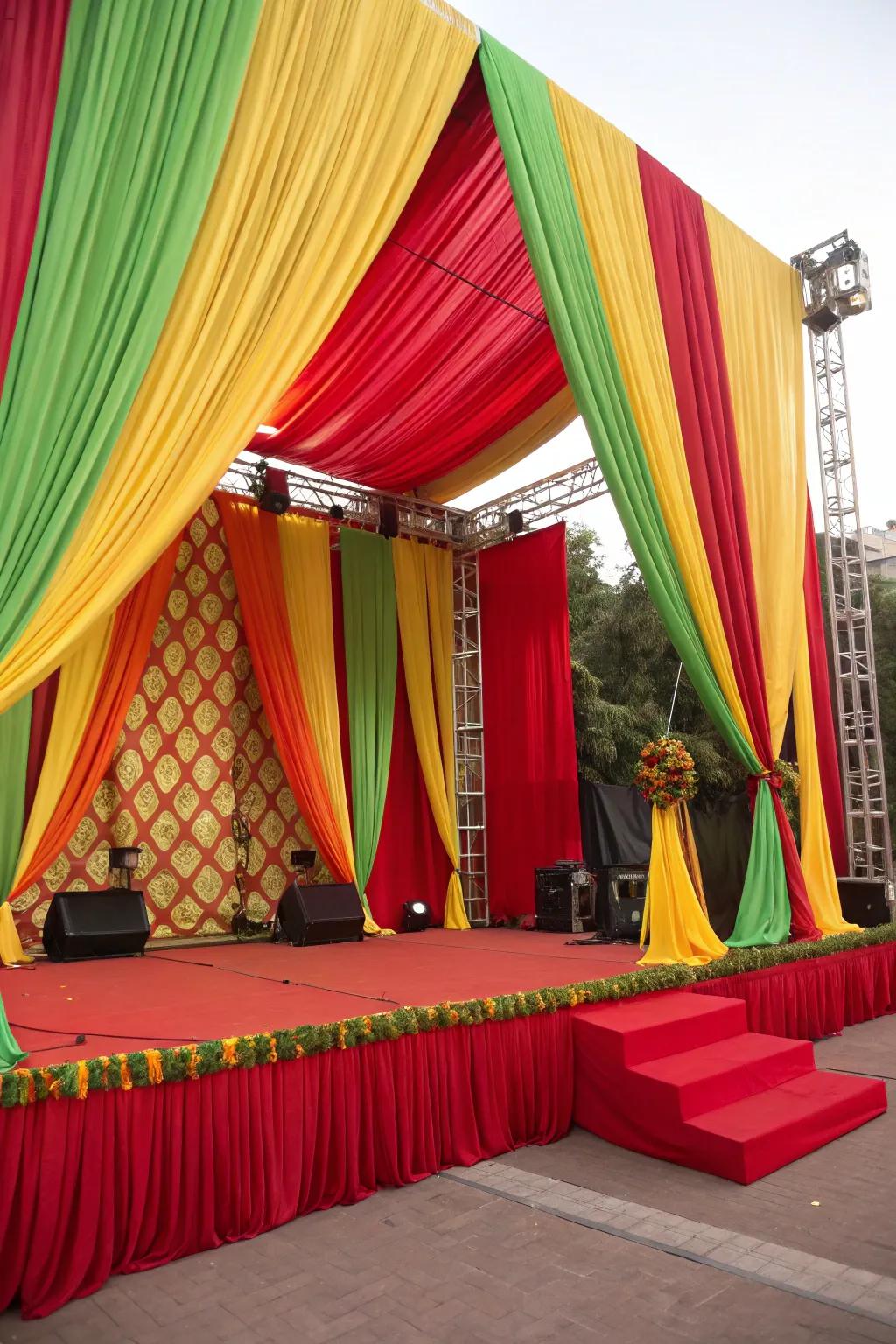 A lively backdrop with brightly colored cloth hangings.