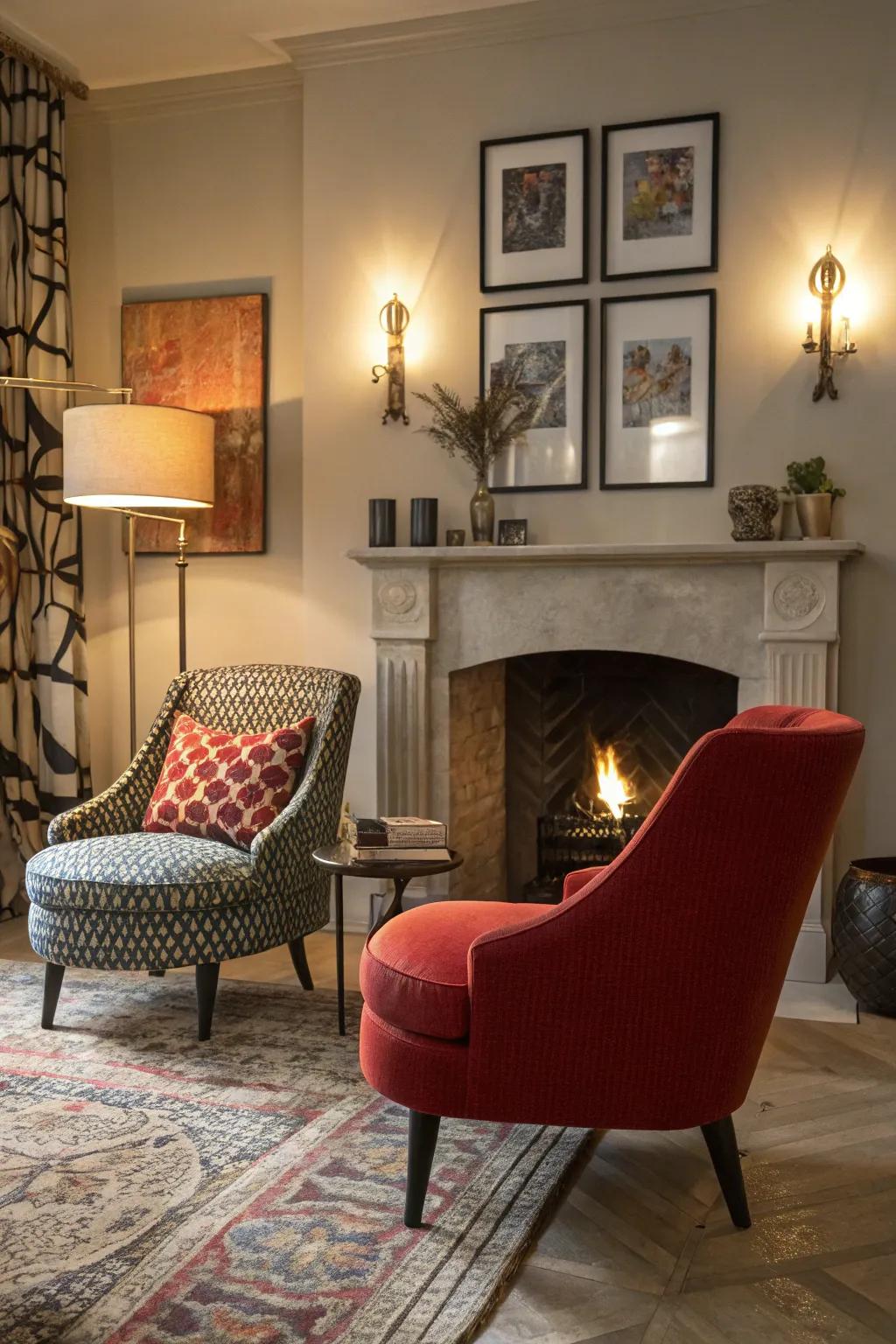 Accent chairs serve as stylish focal points around a cozy fireplace.