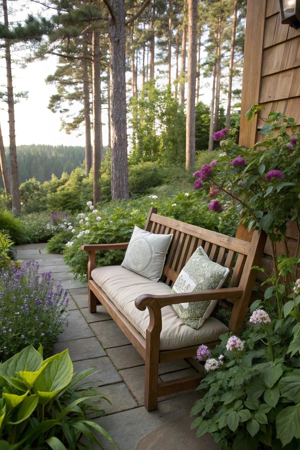 A wooden bench offers a peaceful spot to relax in a shady corner.