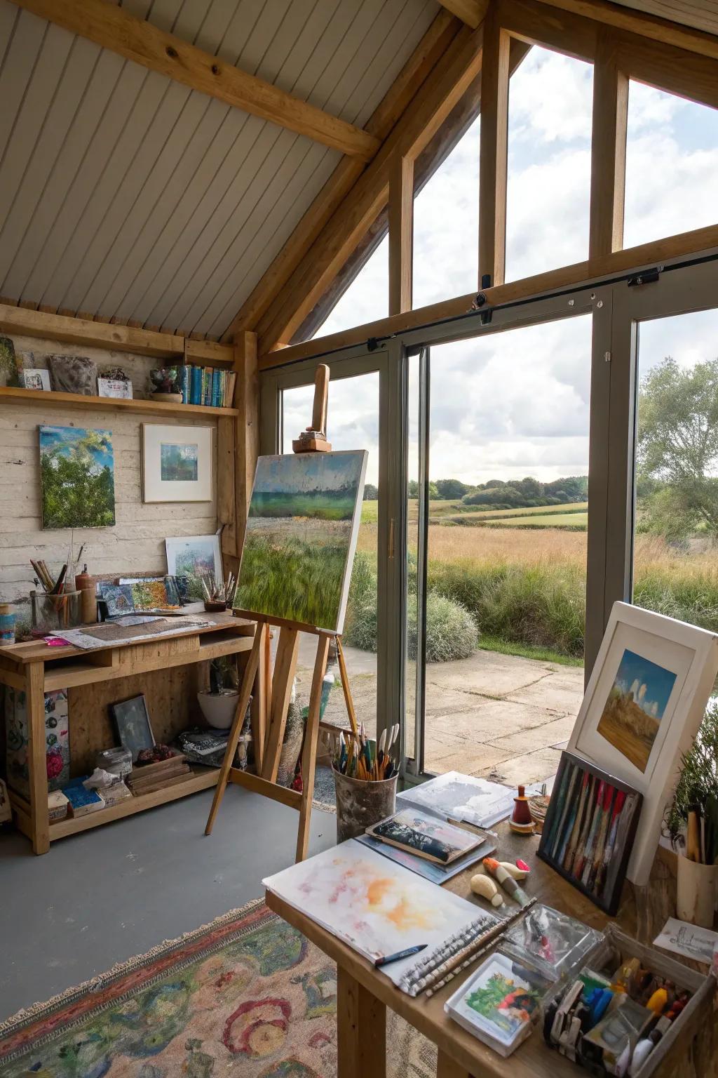 Fill your she shed with sunlight by installing big windows, perfect for all kinds of artistic projects.
