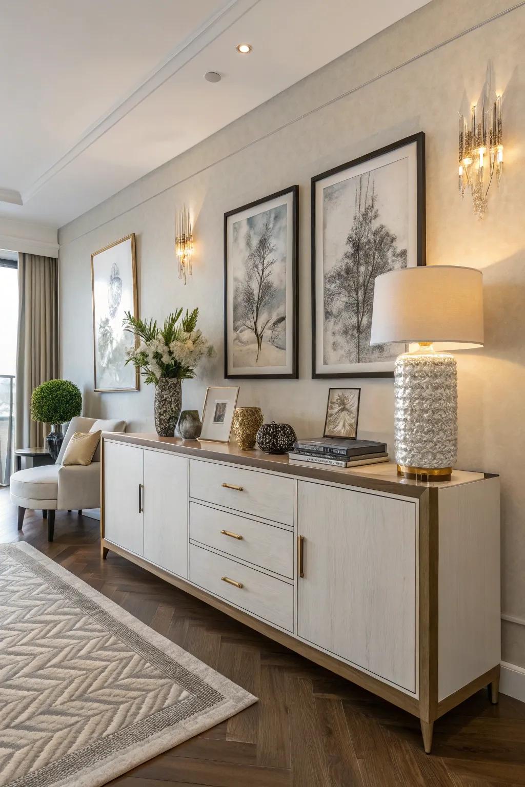 Artwork leaning against a sideboard brings a relaxed and artistic vibe to any room.