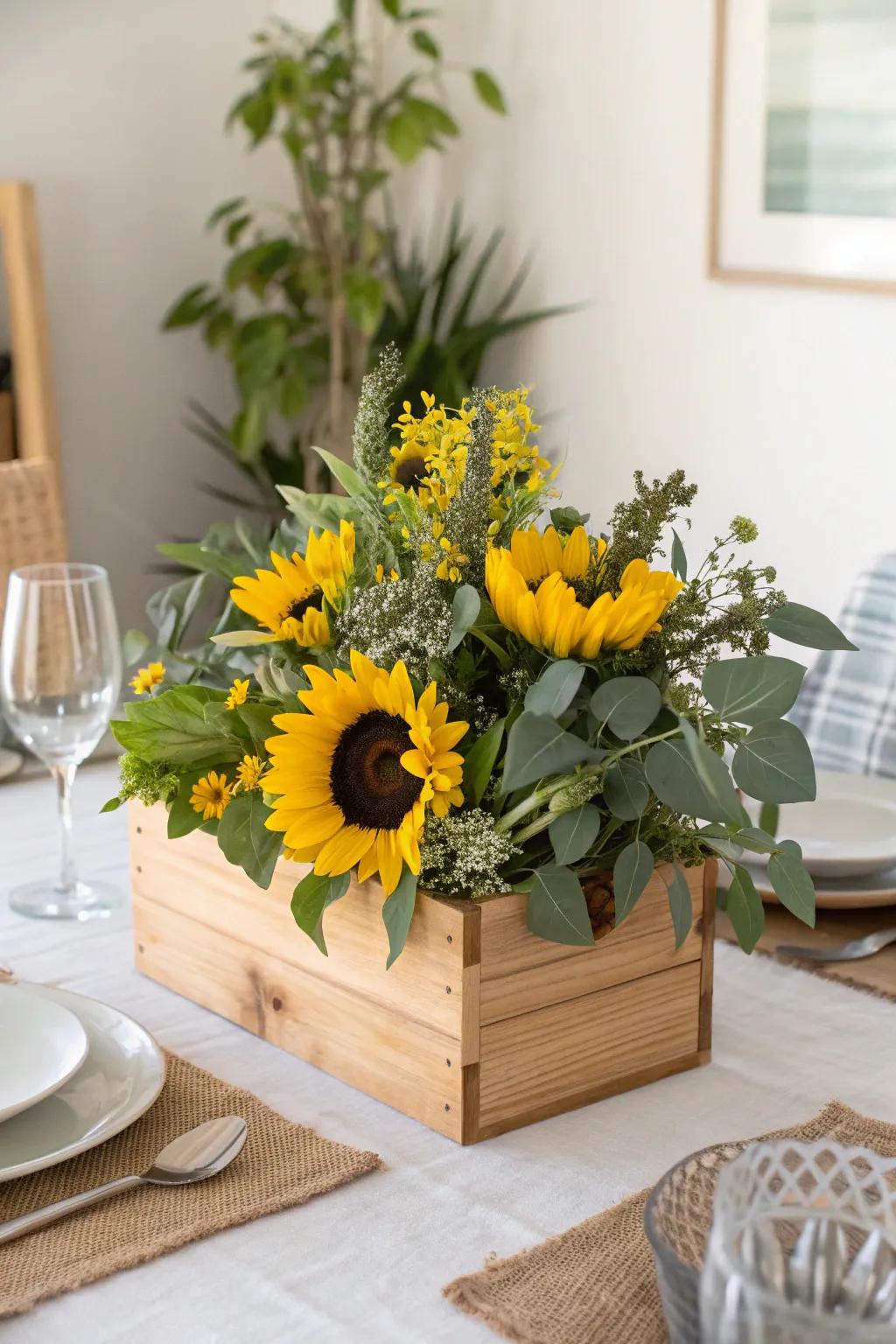 A wooden box filled with sunflowers makes for a stunning centerpiece.