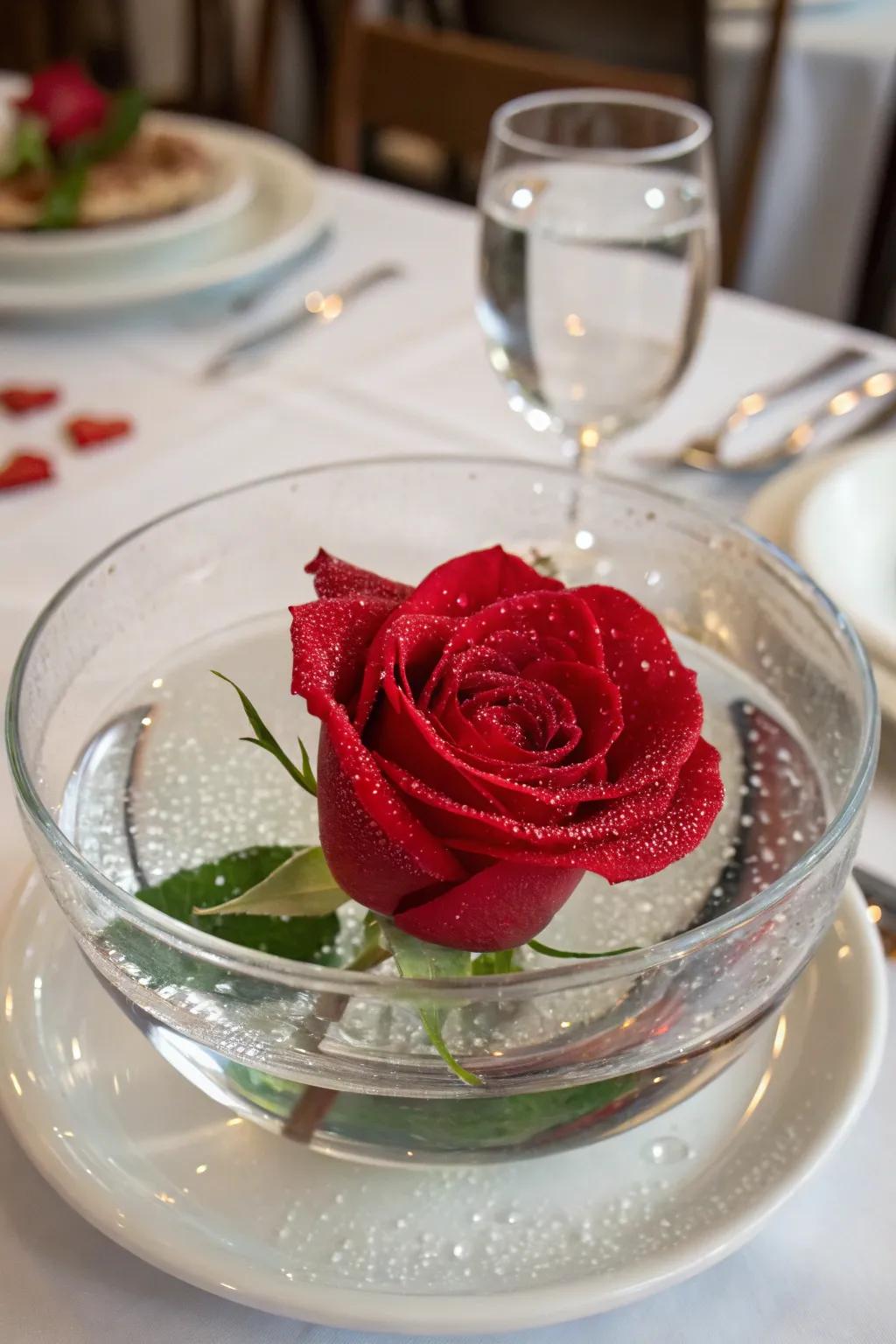 A floating rose centerpiece brings elegance to your dining space.