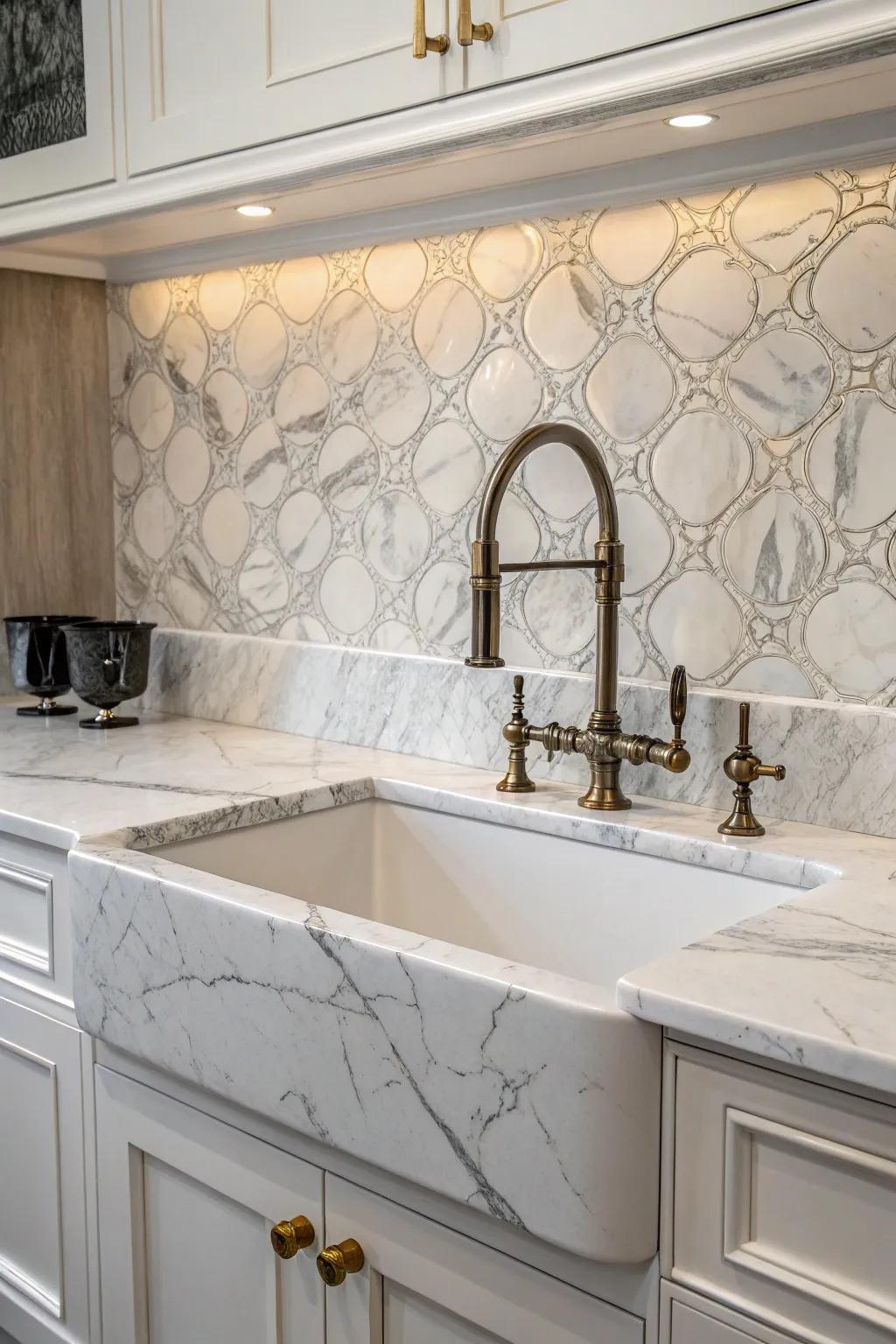 An elegant marble backsplash enhances the sophistication of the kitchen.