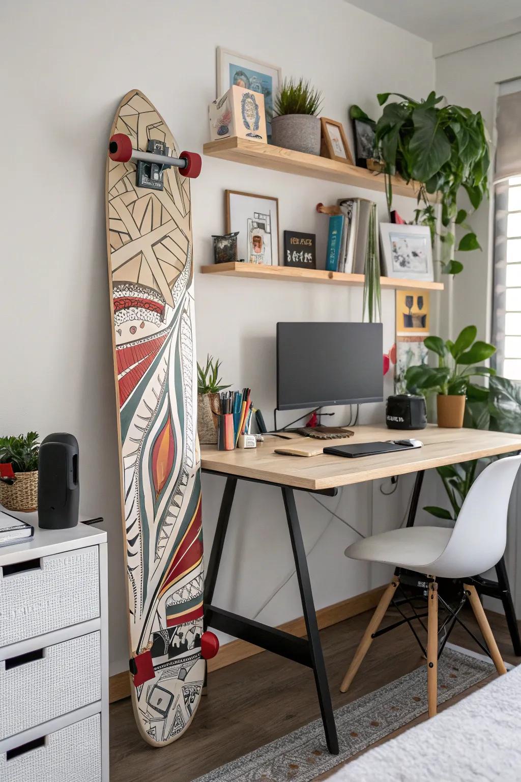 Bring creativity to your workspace with skateboard art.