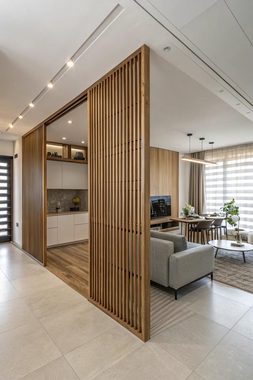 An open-plan space utilizing a wood slat wall as a stylish room divider.