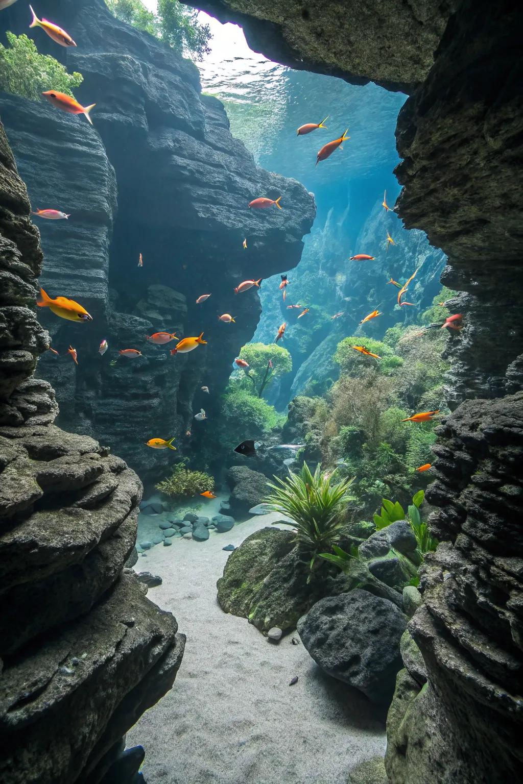 Fish contentedly inhabit their stone cave hideaways.