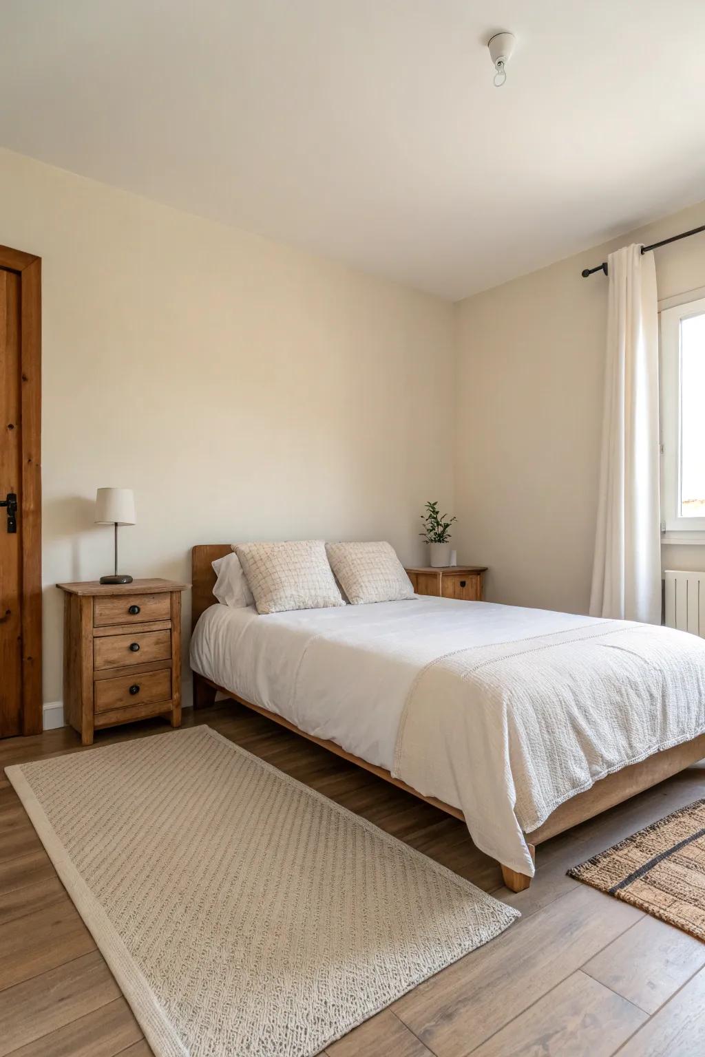 A minimalist small bedroom with clean lines and soothing neutral tones.