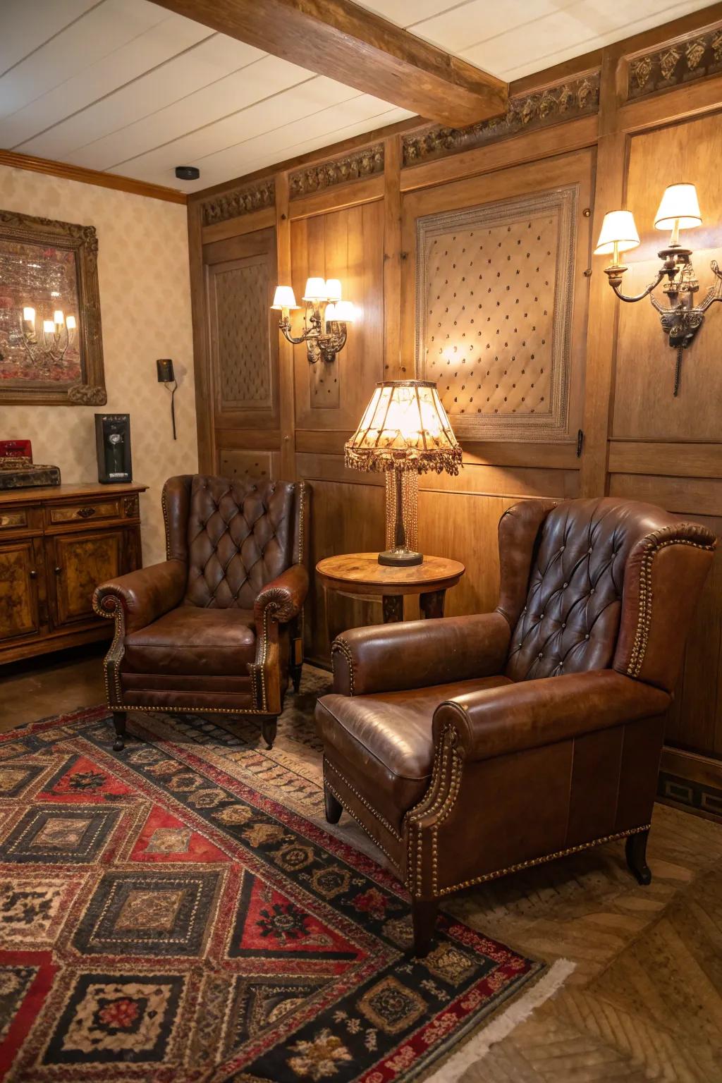 Luxurious leather seating enhances the classic ambiance of a small cigar room.