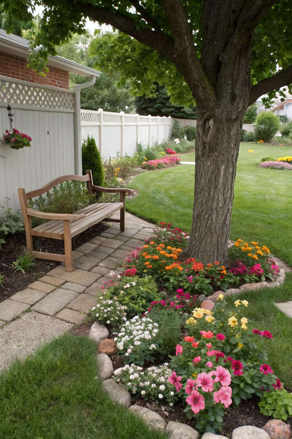A comfy bench makes you want to relax in your front yard.