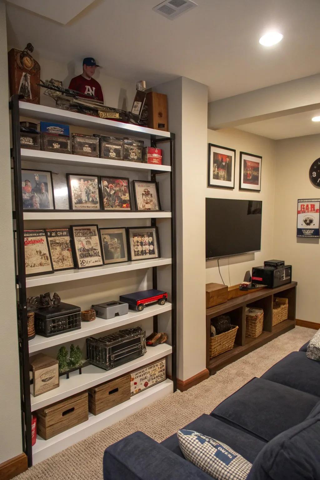Wall-mounted shelving uses vertical space smartly, displaying collectibles without taking up valuable floor space.