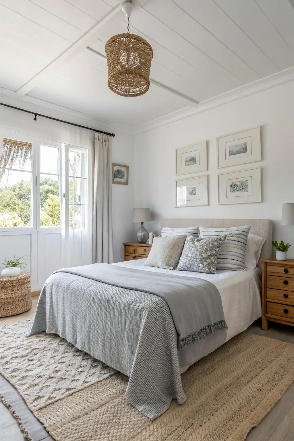 Light colors create an illusion of space in a small master bedroom.