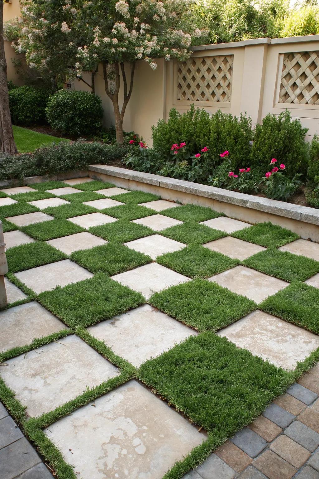 A vibrant mix of pavers and grass in a checkerboard layout.