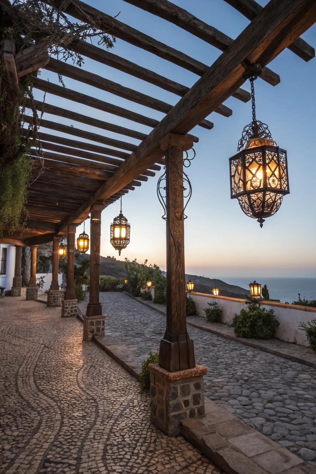Intricate iron embellishments inject refinement into the pergola layout.
