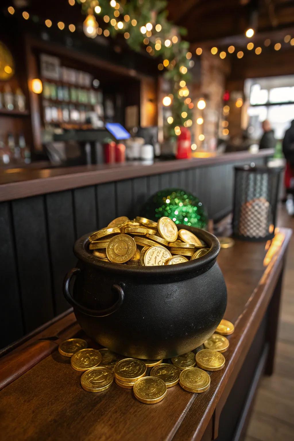 A whimsical pot of gold brings a playful touch to your St. Patrick's Day bar.