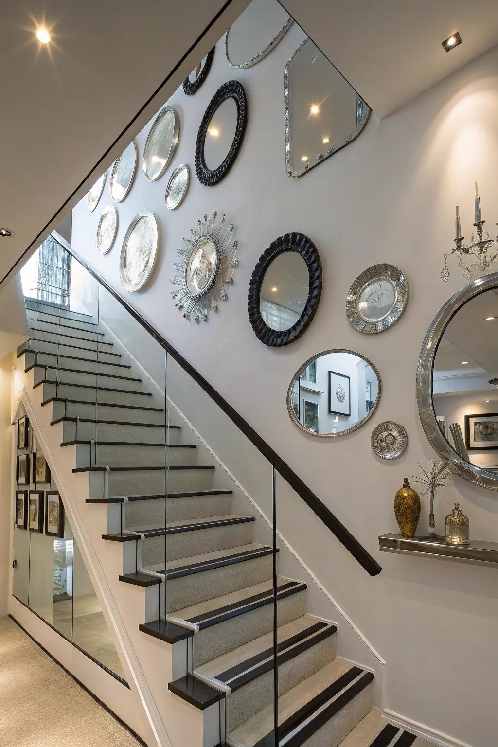 Mirrors enhance light and space in your staircase area.