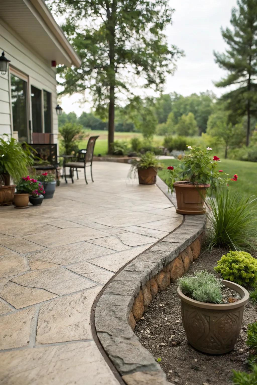 Elegant patio with natural stone-look stamped concrete border