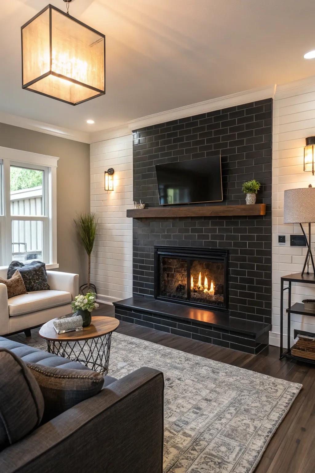 Dark subway tiles make a striking statement in this chic living space.