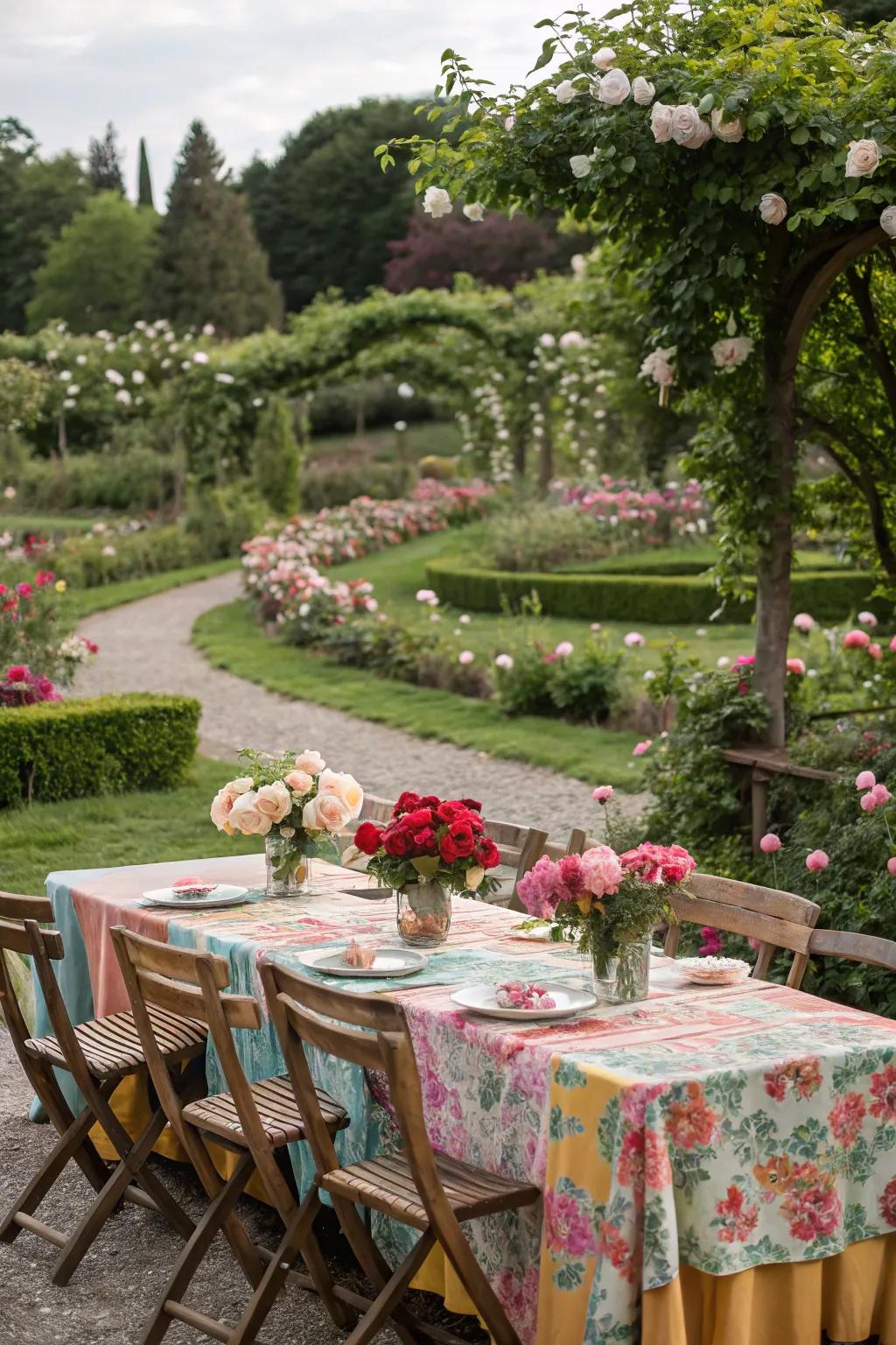 Outdoor dining arrangement featuring homespun tables and colorful cloths.
