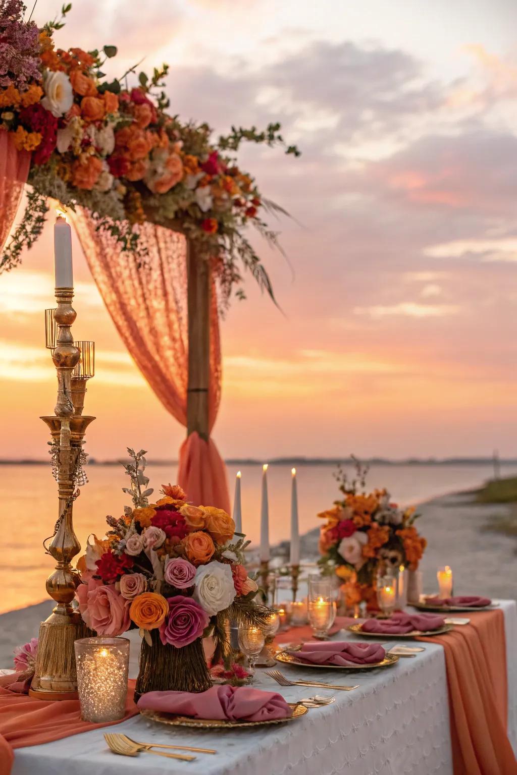 A wedding table setup with sunset-inspired colors.