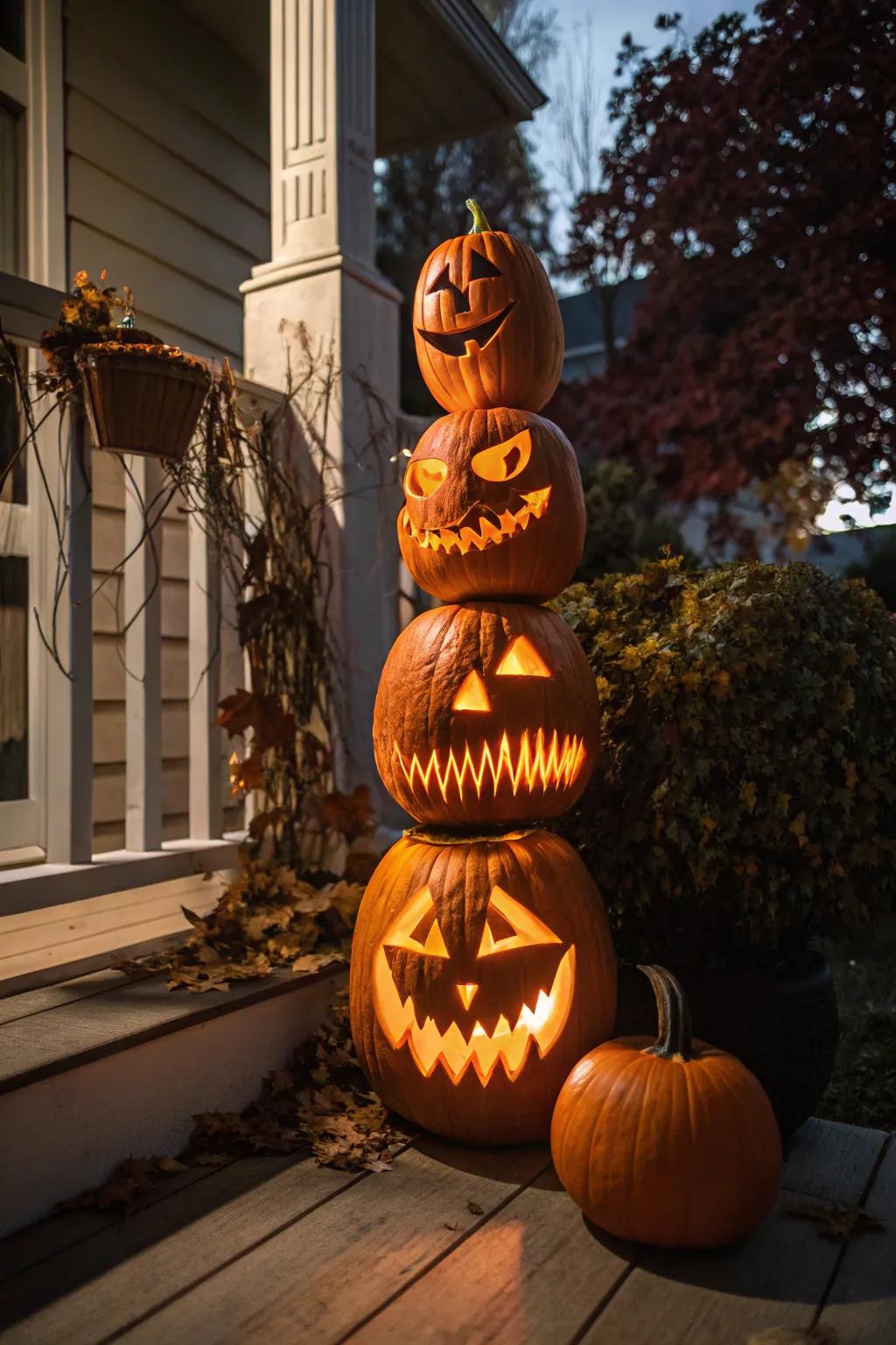 Construct a tower of fright with pumpkins stacked high, each displaying a distinct scary face.