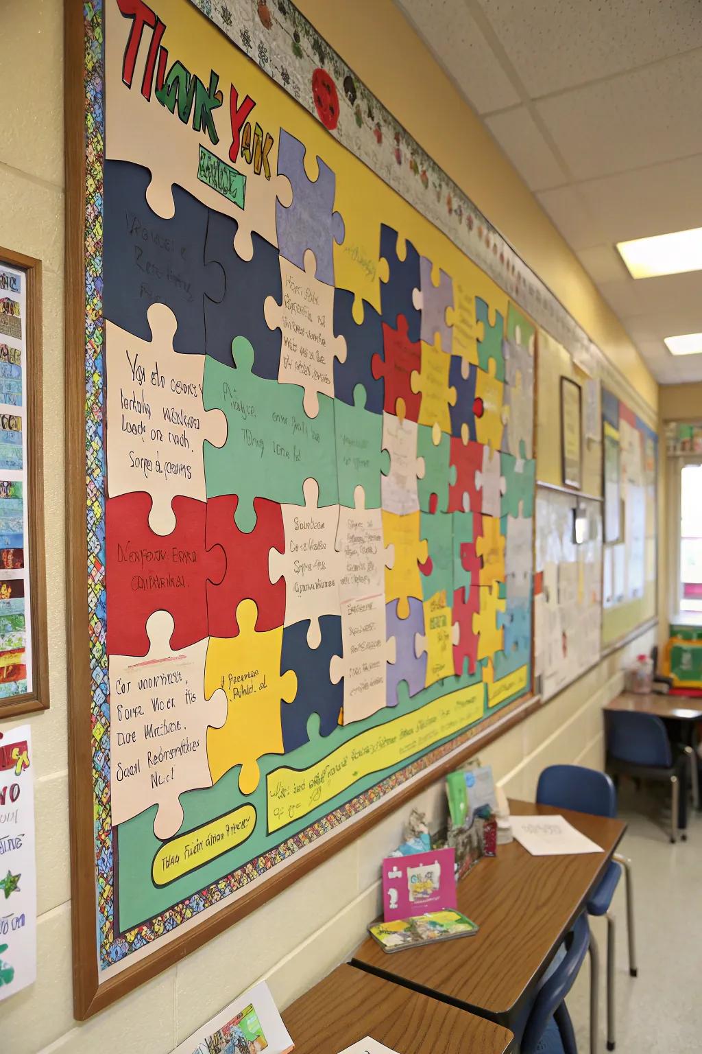 A puzzle-themed board where each piece holds a message of gratitude from students.