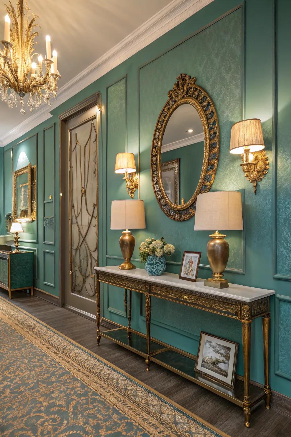 Teal walls paired with gold accents for a luxurious look.