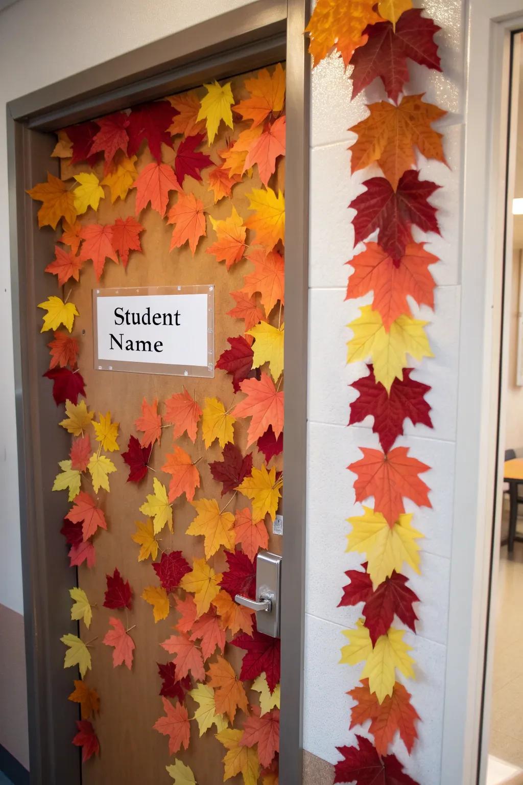 A vibrant display of autumn leaves with students' names adds a personal touch.