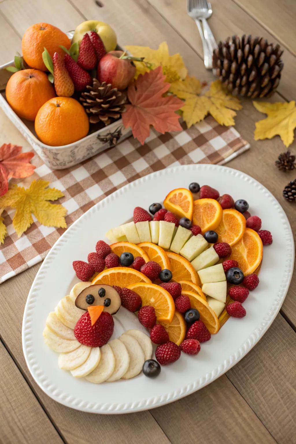 A fun and vibrant turkey fruit snack tray for all ages.