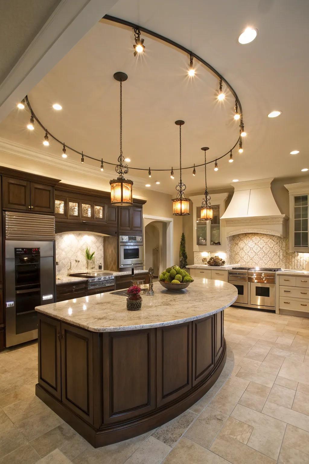 Curved track lighting complementing a round kitchen island