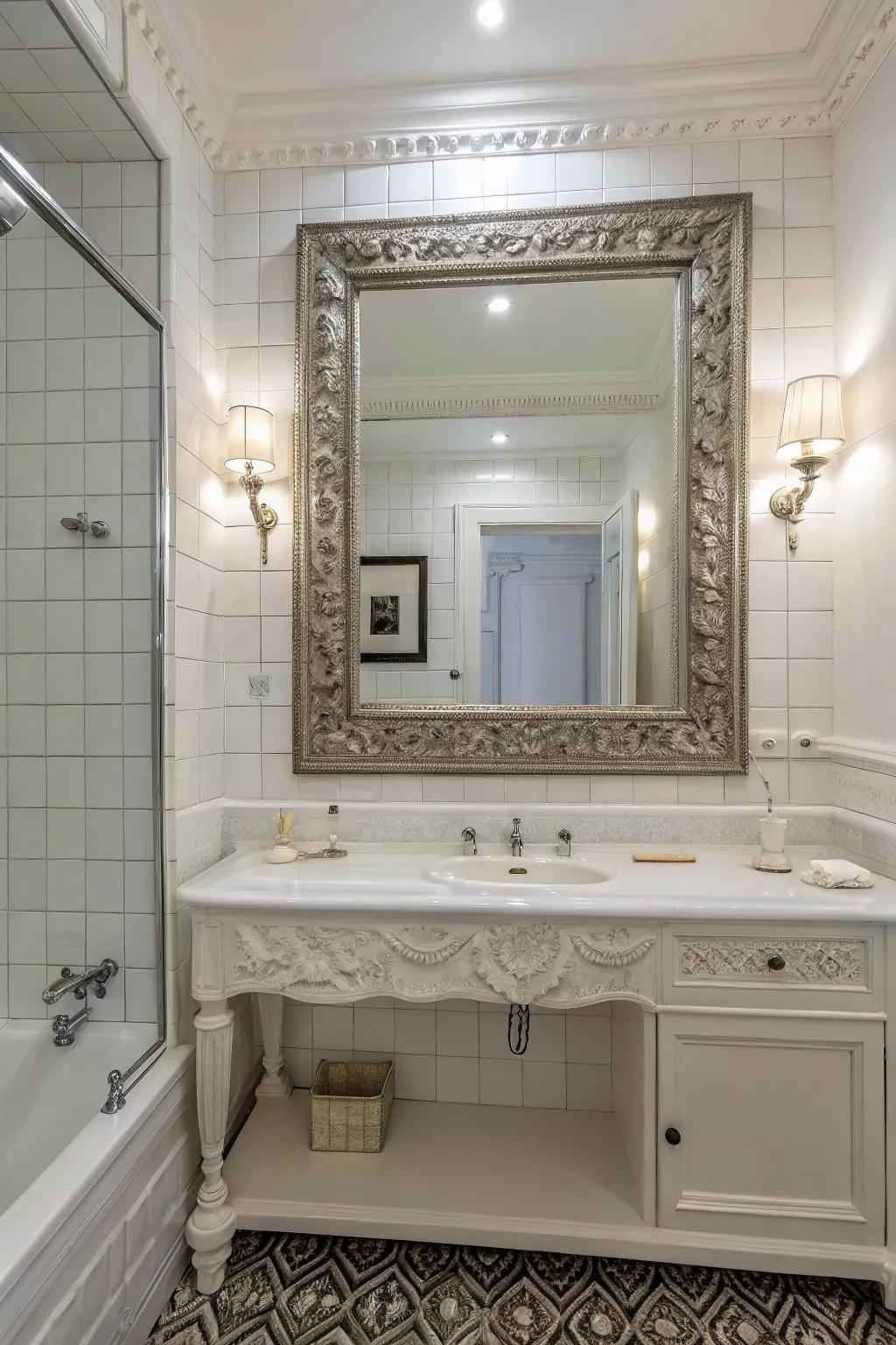 A classic white bathroom showcasing a sizable mirror with an ornate frame, amplifying elegance and depth.