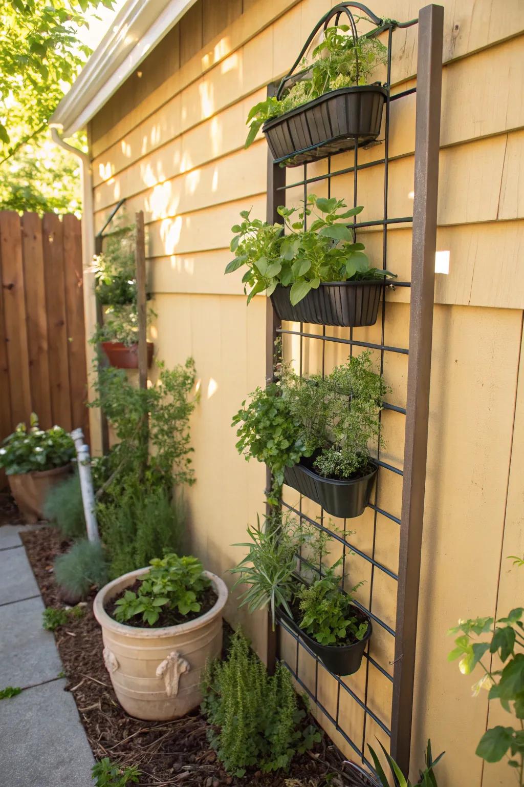 Get the most out of your space with a vertical herb garden on a trellis.