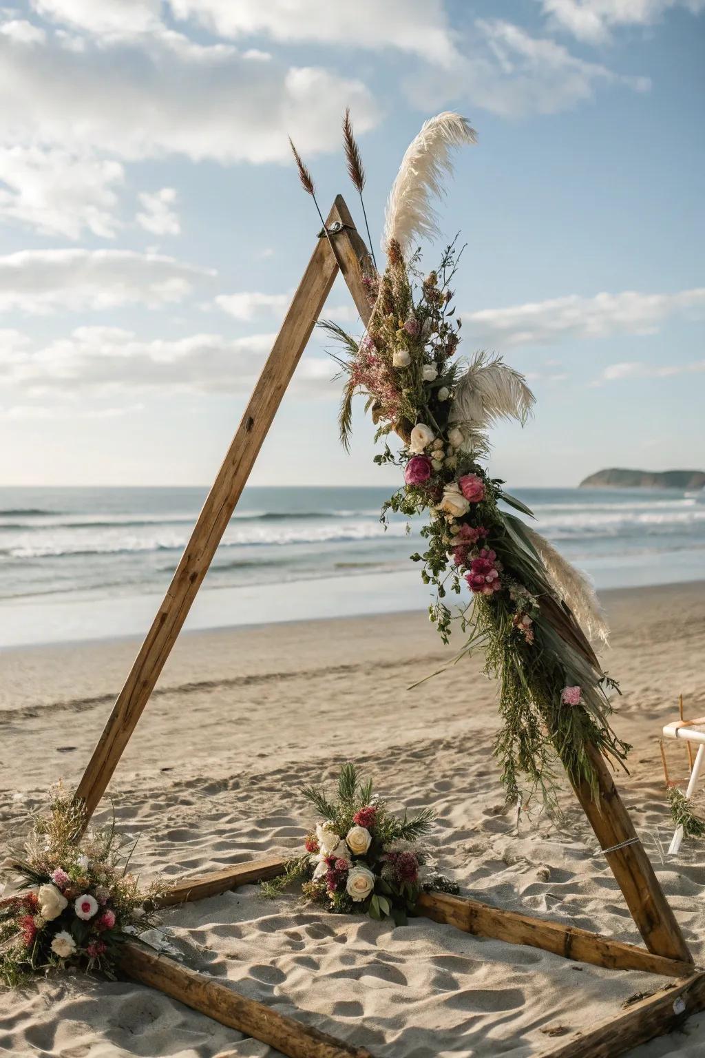A rustic triangle arch that's ideally suited for outdoor or beachside events.