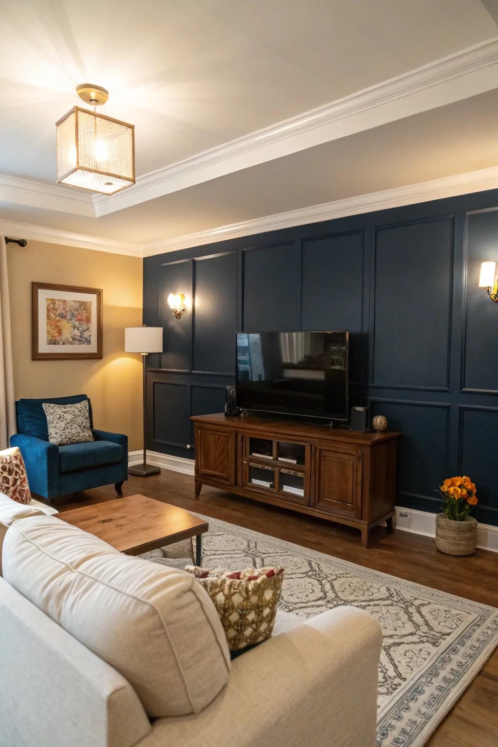 A TV on a bold dark blue accent wall in a modern living room.