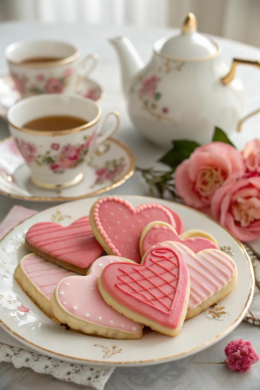 Yummy cookies shaped like hearts using rosy glaze for the day.
