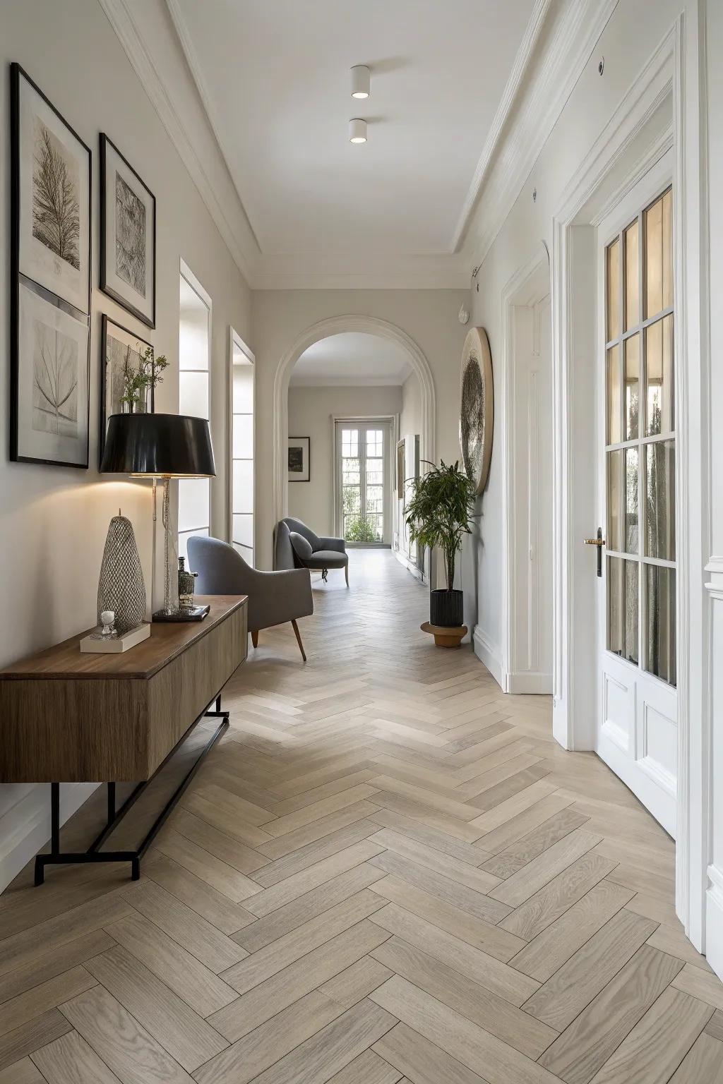 A timeless herringbone layout enhances the elegance of any area.