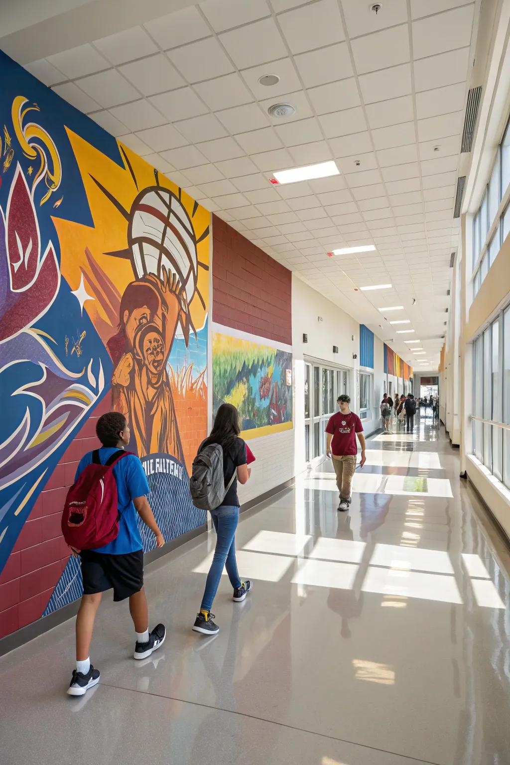 A vibrant custom mural that adds life and color to the school corridor.