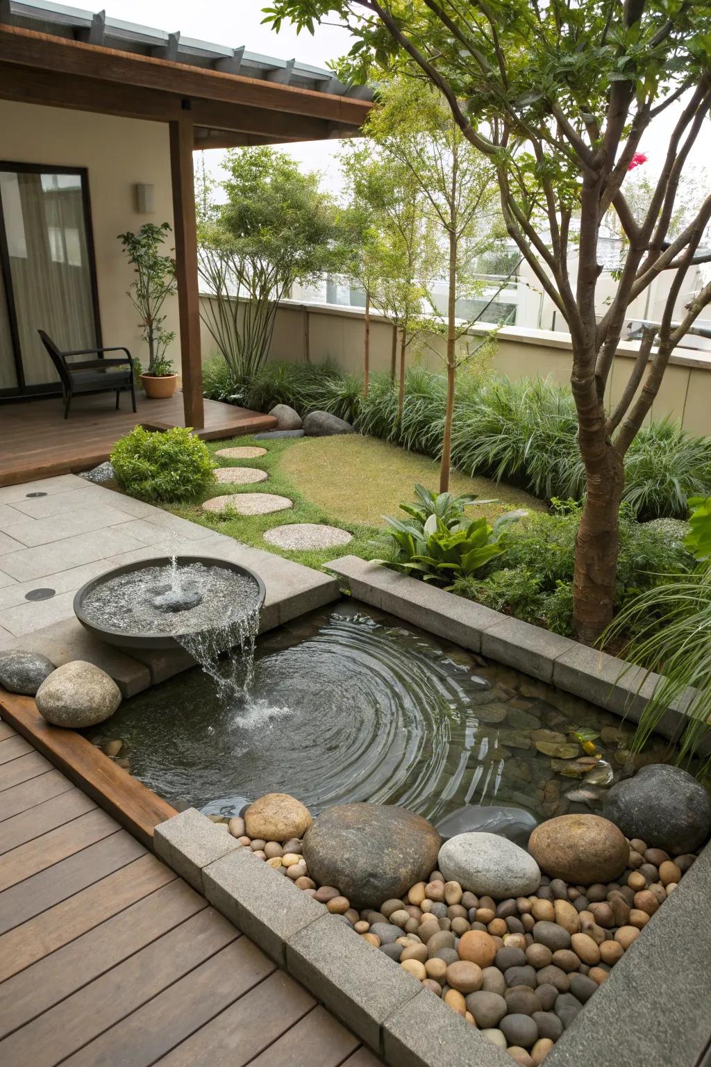 A Zen water garden crafts a peaceful outdoor escape.