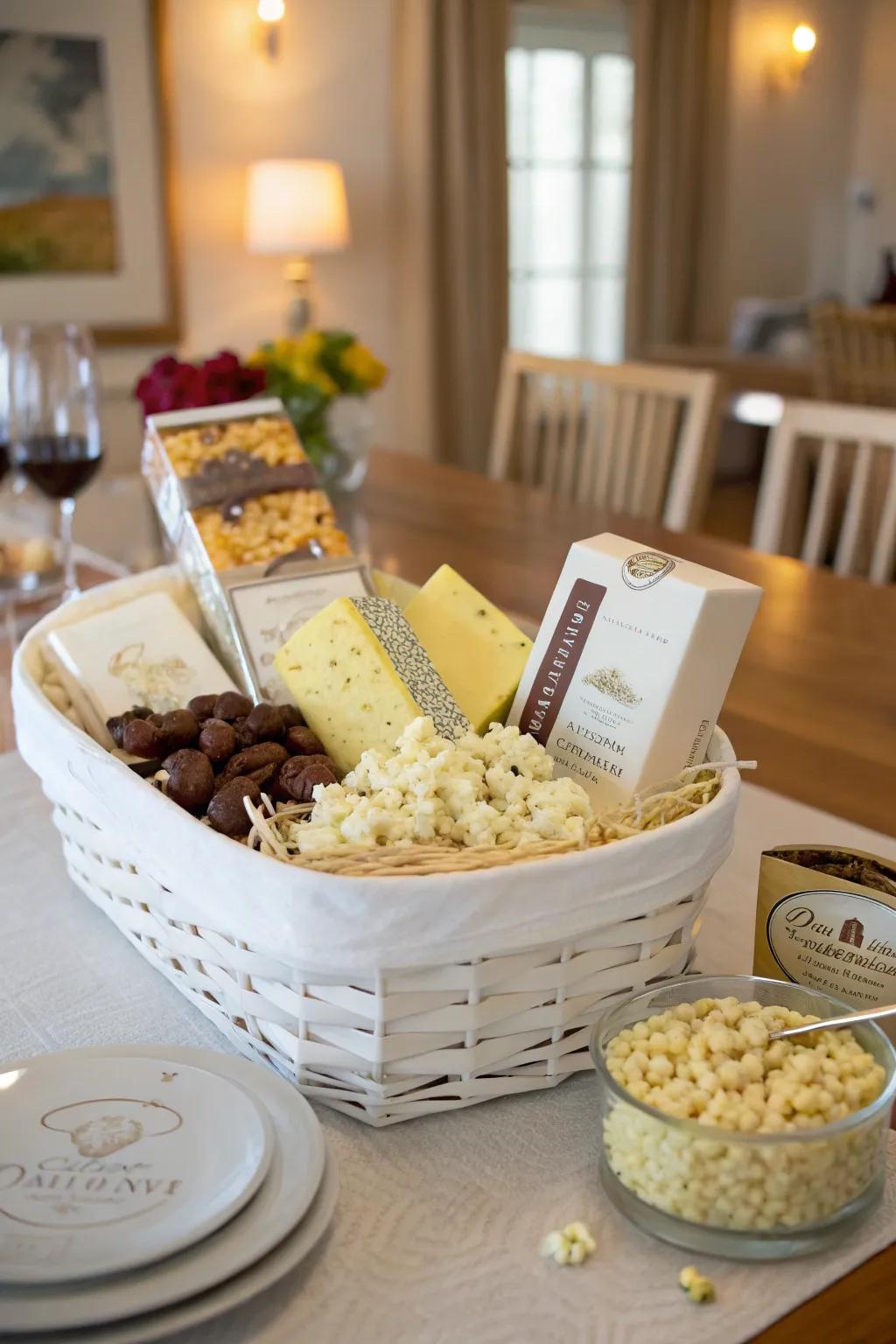 A gourmet white gift basket perfect for a delectable evening.