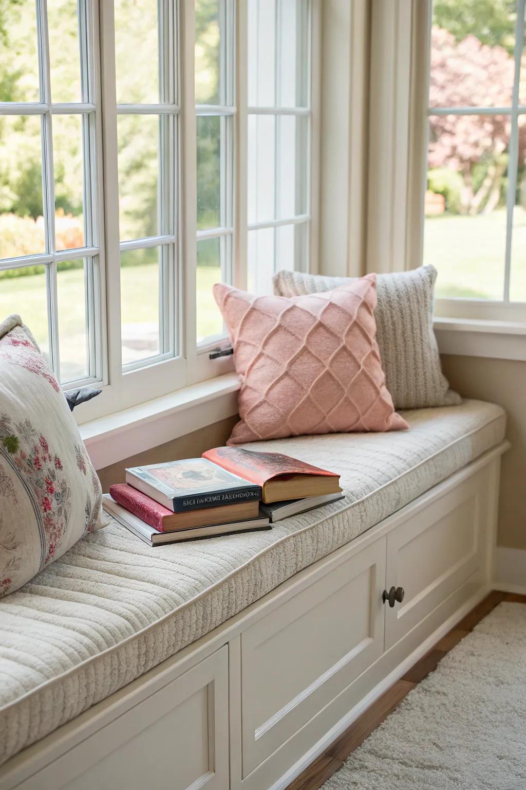 A built-in window bench featuring comfortable cushions and books.