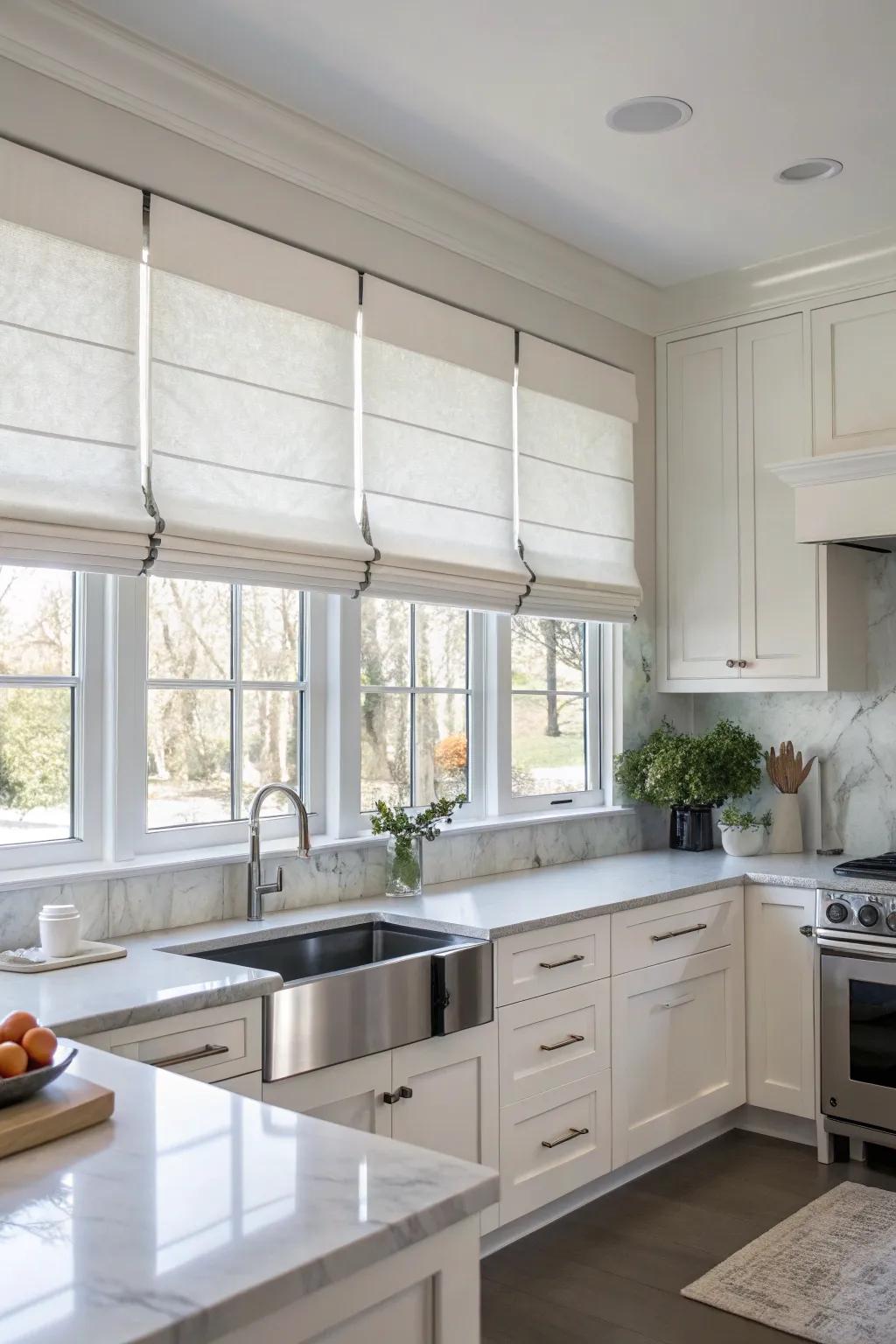 Roman shade valances bring elegance and functionality.