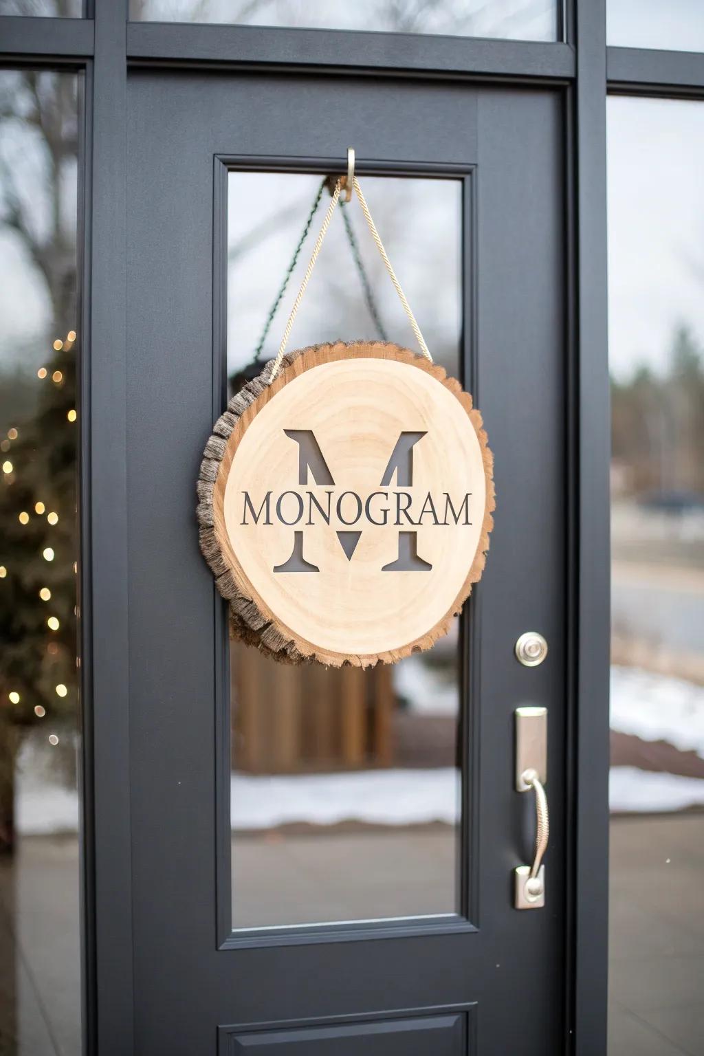 Understated initial wooden circle wreath for a tailored feel.