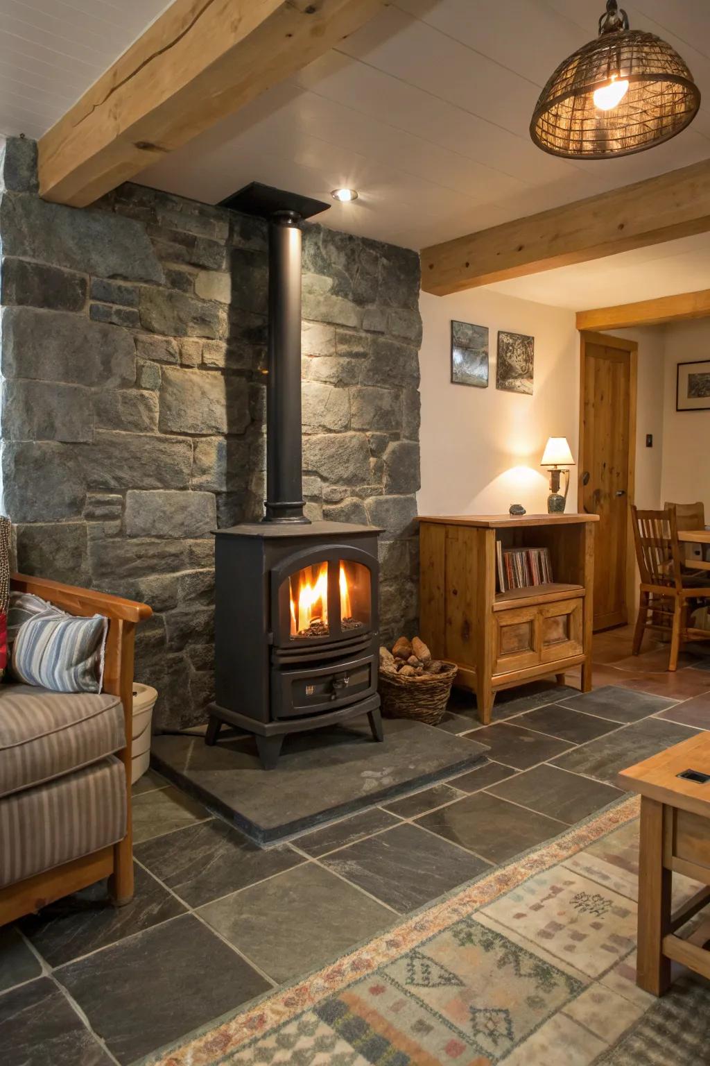 Original stone tiles include homespun attraction and coziness to a wood heater surround.