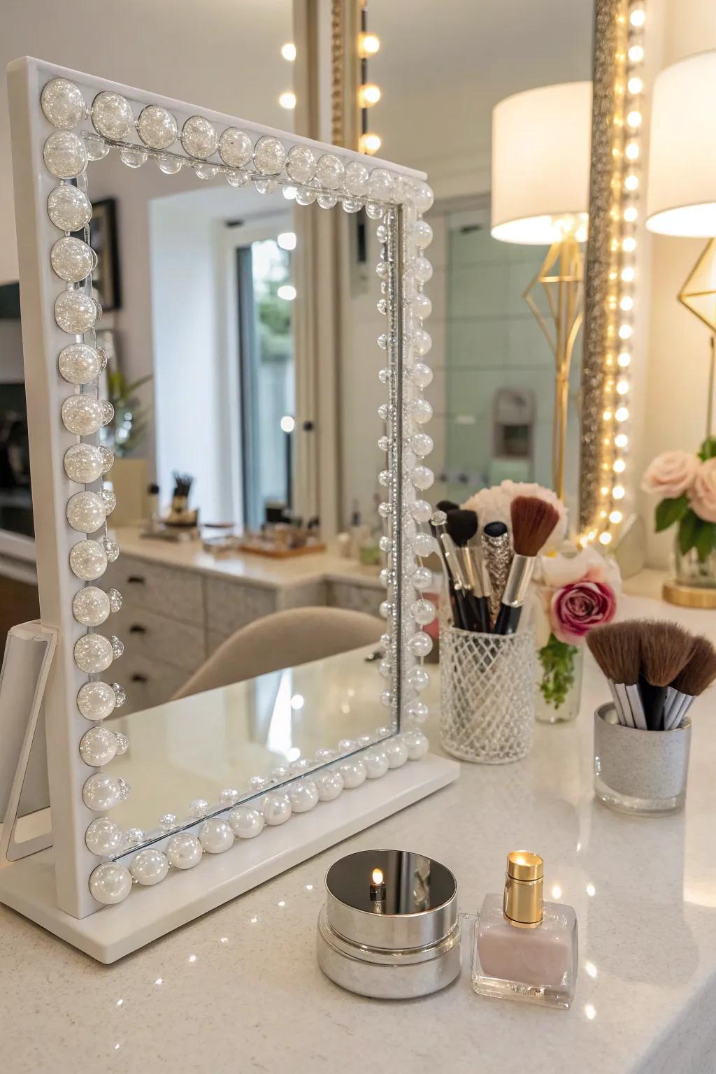 Glass bead borders add glamour and elegance to vanity mirrors.